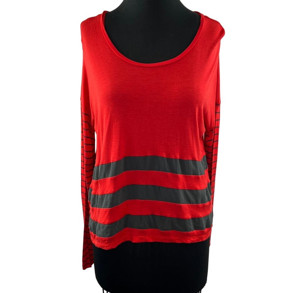 GENTLE FAWN Red Black Mesh Stripe Scoop Neck Long Sleeve Pullover Top Size S